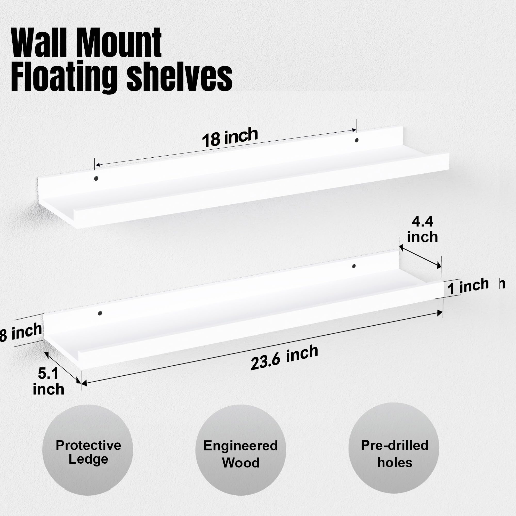 Sturdy engineered wood Boswillon shelves support up to 20 lbs for versatile display