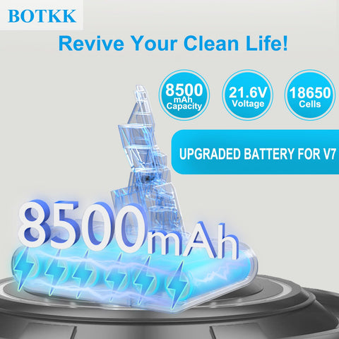 BOTKK V7 battery specs 8500mAh and 21.6V for power.
