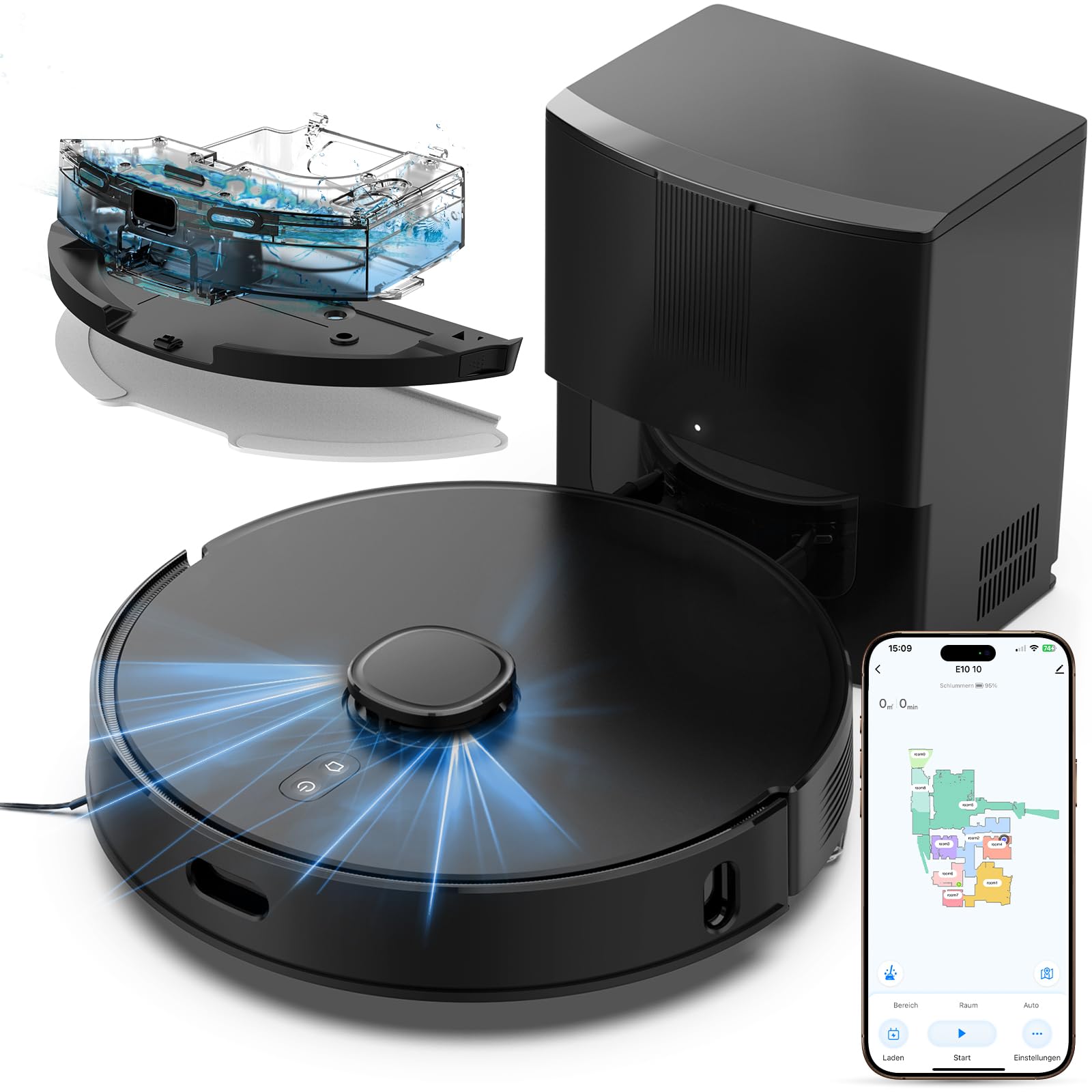 Botluxe E10+ with self-emptying dock enabling hands-free maintenance