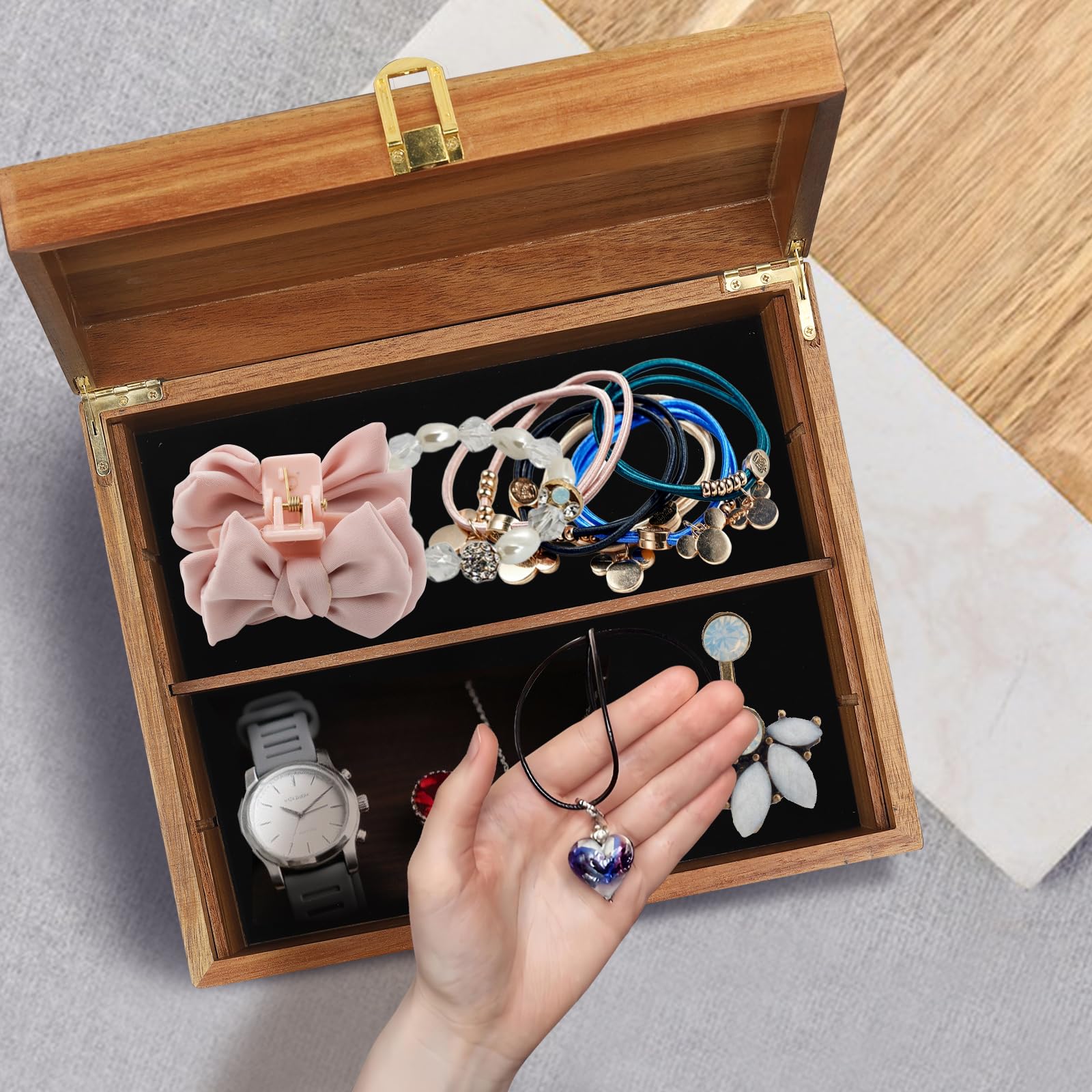 BOTOP decorative wood box gold clasp showcases elegant protection for mementos.