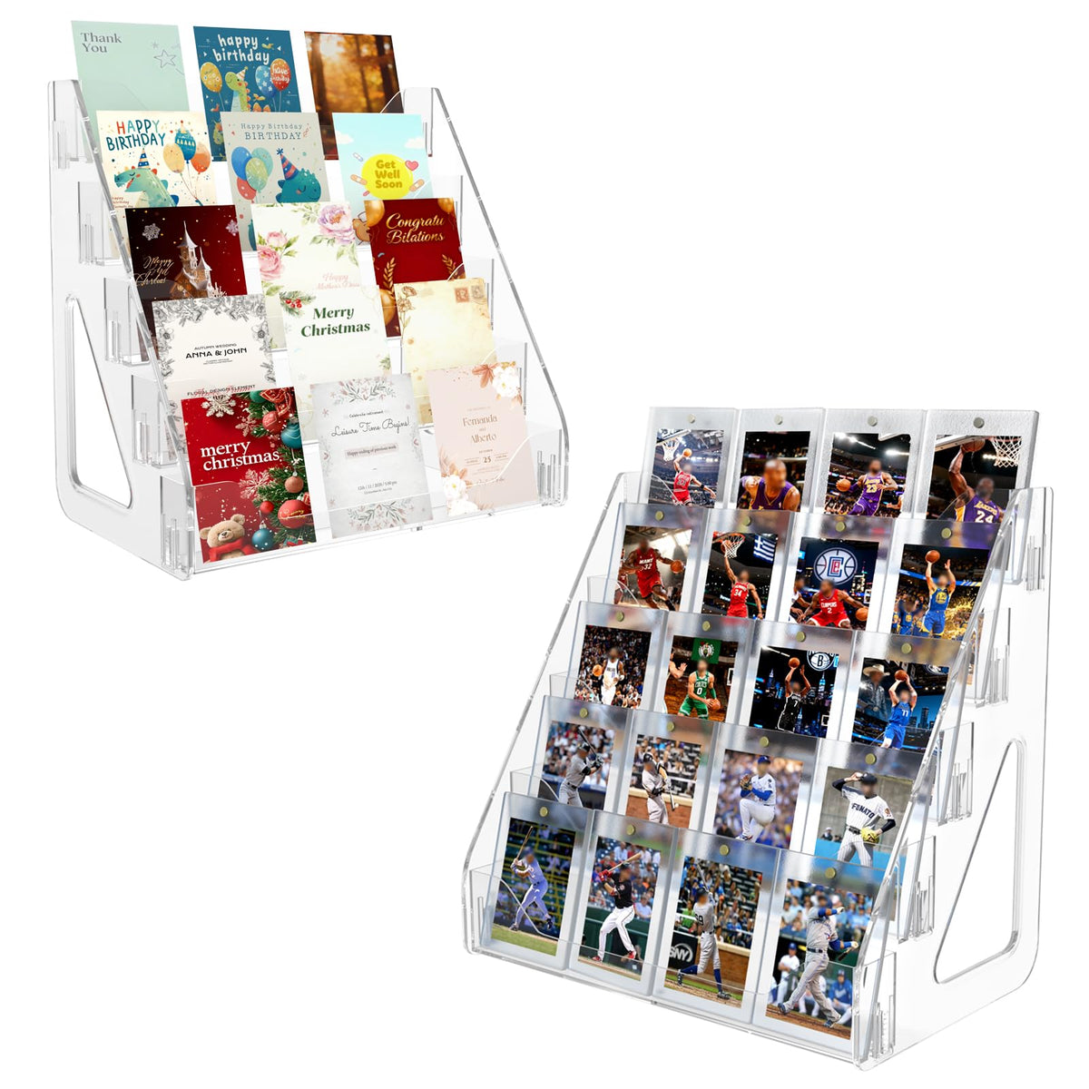 Botyboty 2-pack 5-tier card display stand clearly shows trading cards.