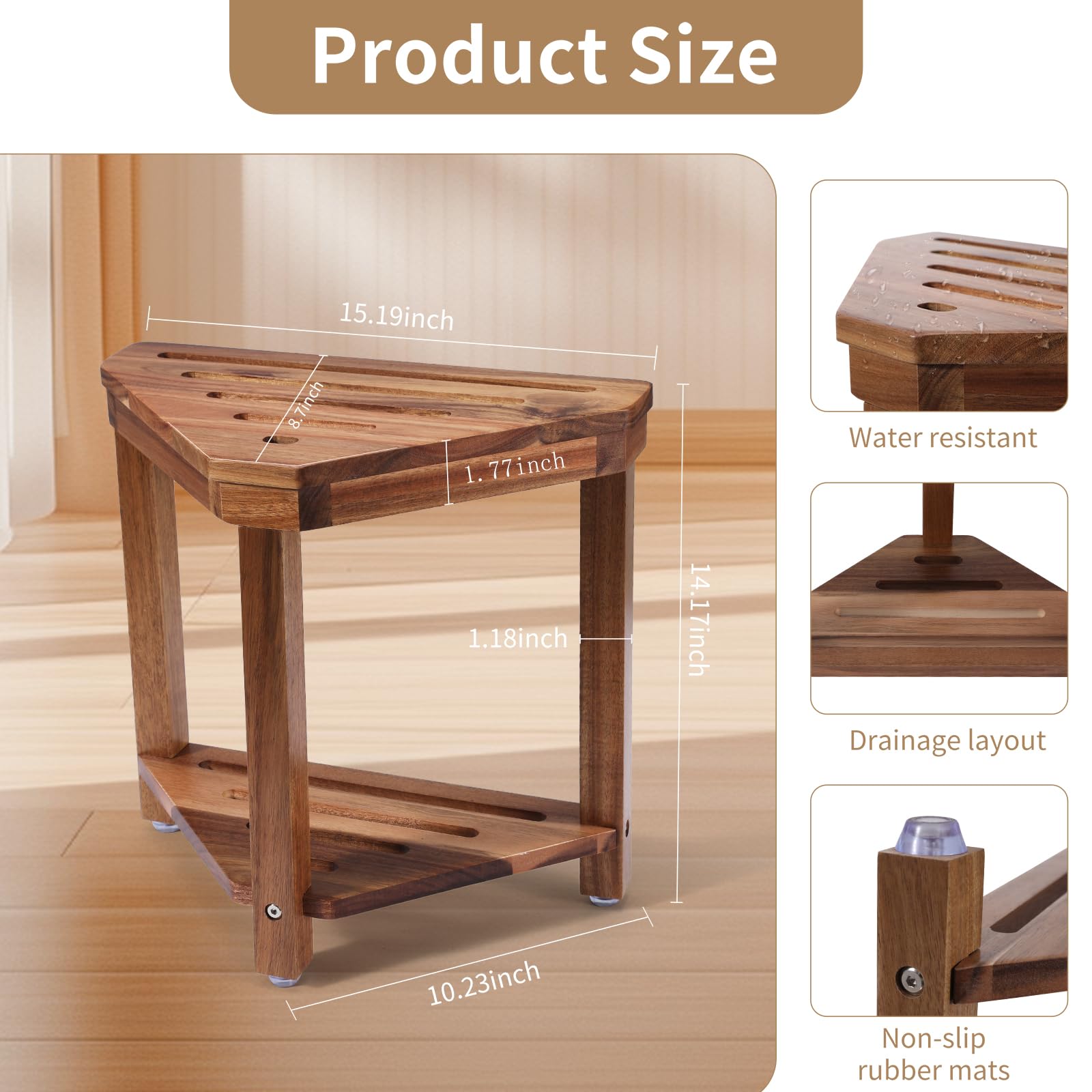 Boulphia corner shower stool saves space in small bathrooms.