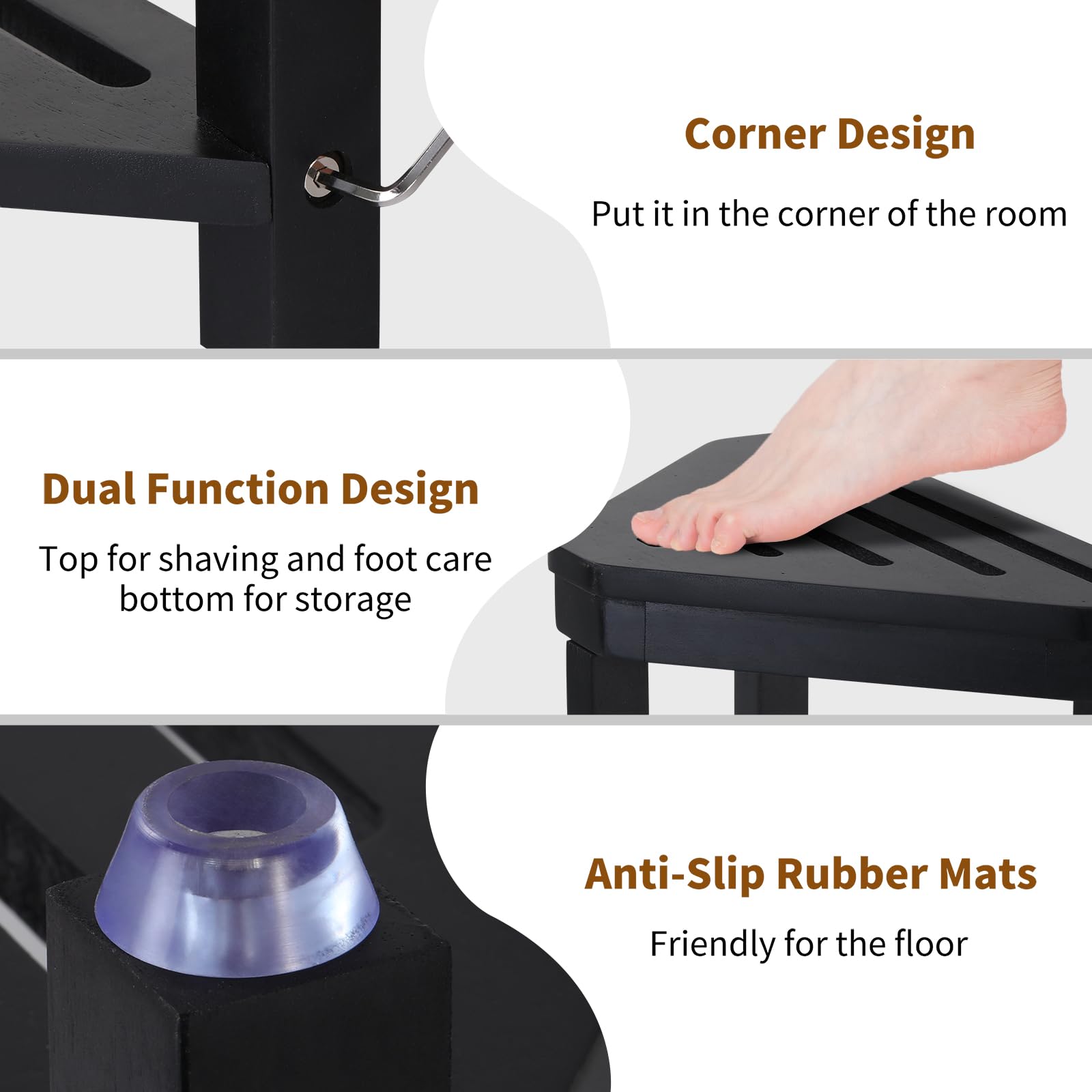 Boulphia Shower Foot Rest corner design illustrates space-saving placement in bathrooms