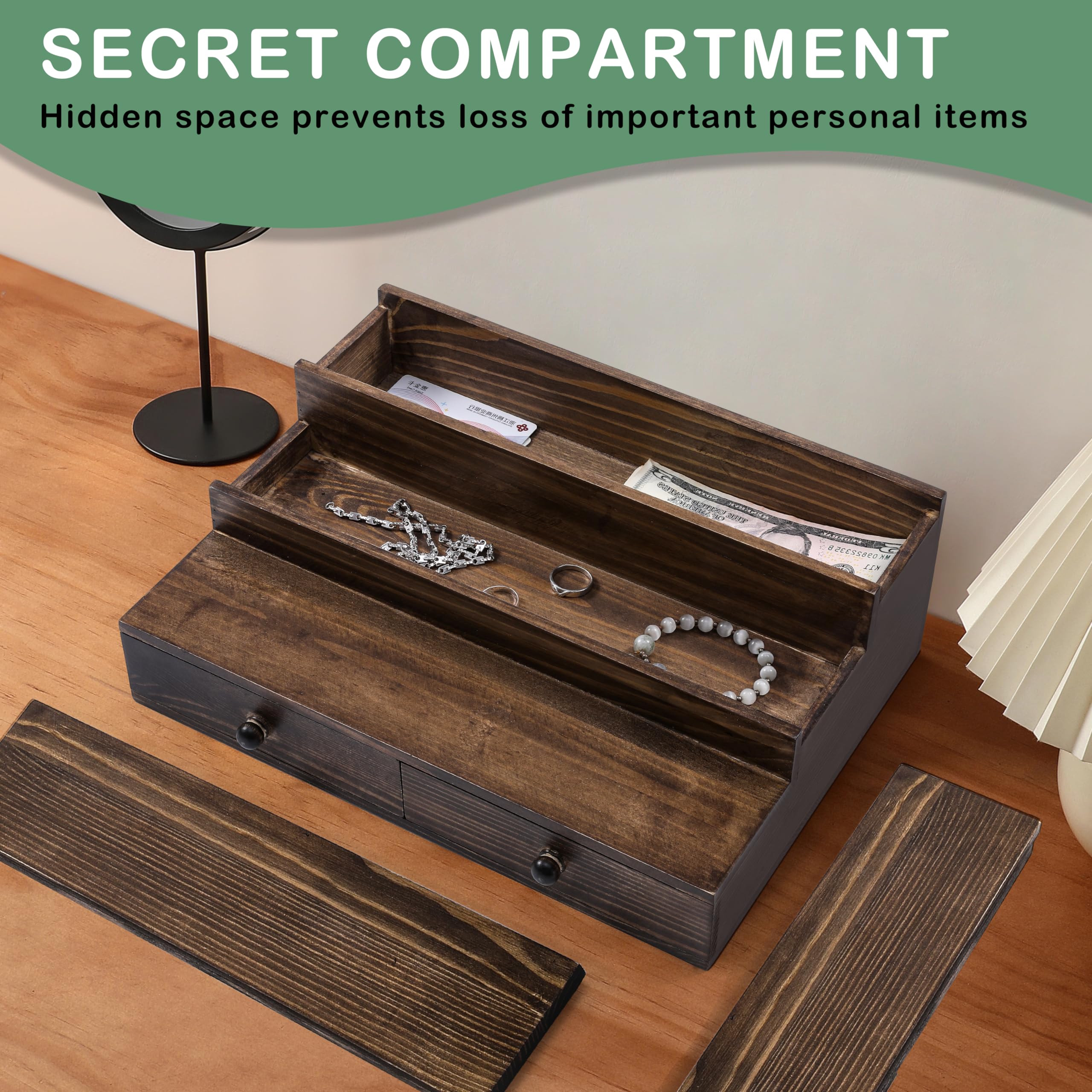 Boulphia wooden display shelf with drawers showcases bottles, watches, and jewelry