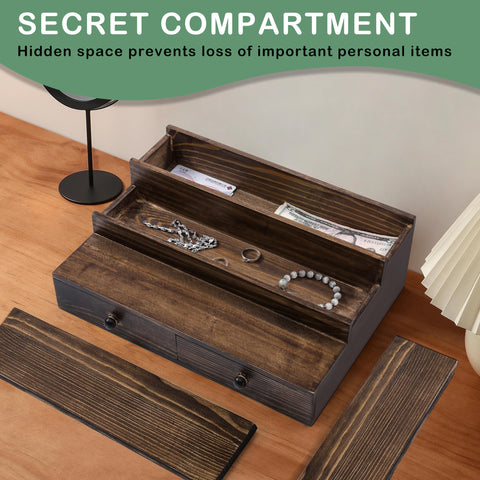 Boulphia wooden display shelf with drawers showcases bottles, watches, and jewelry
