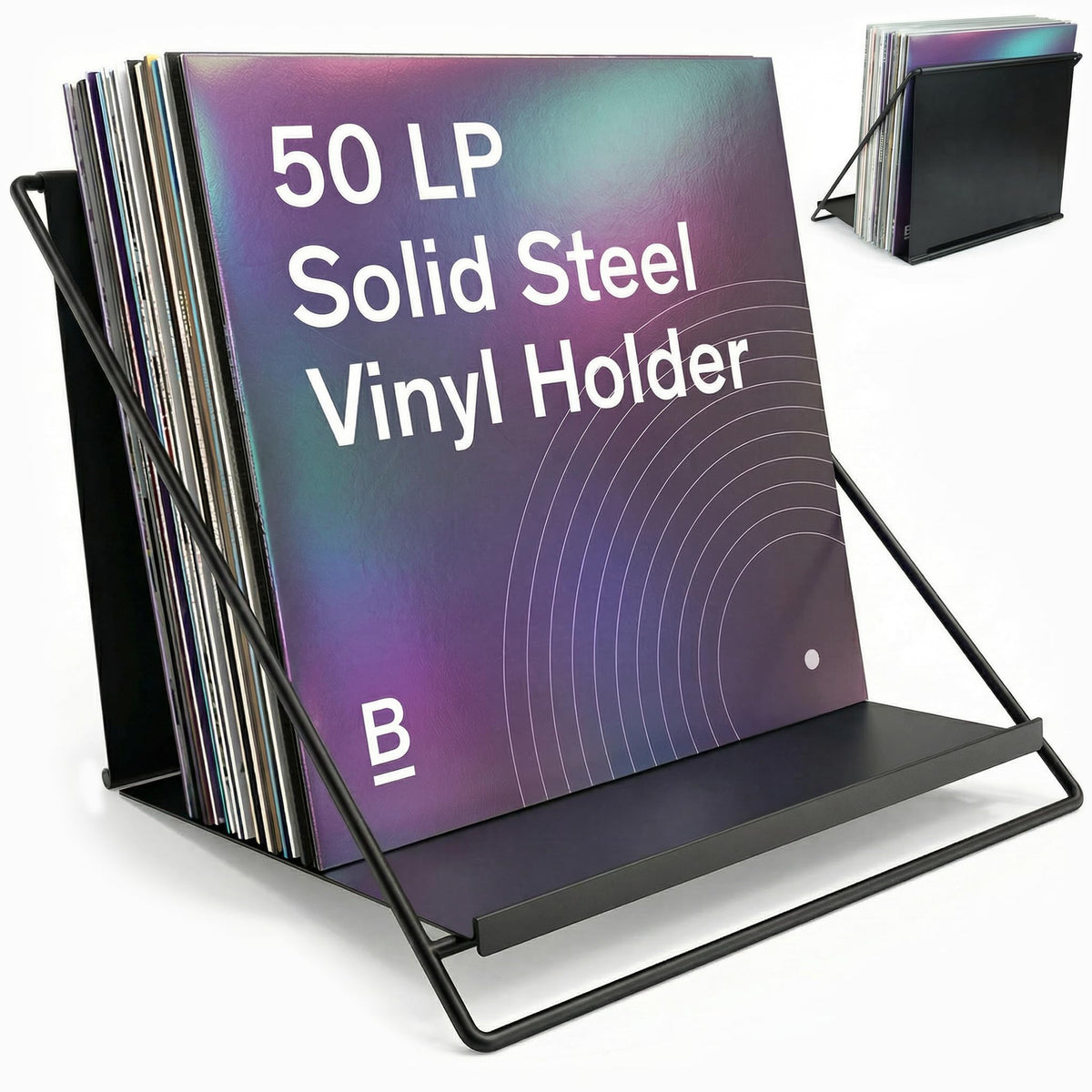 Boundless Audio vinyl holder front view shows minimalist steel frame with display slot