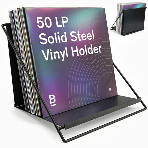 Boundless Audio vinyl holder front view shows minimalist steel frame with display slot