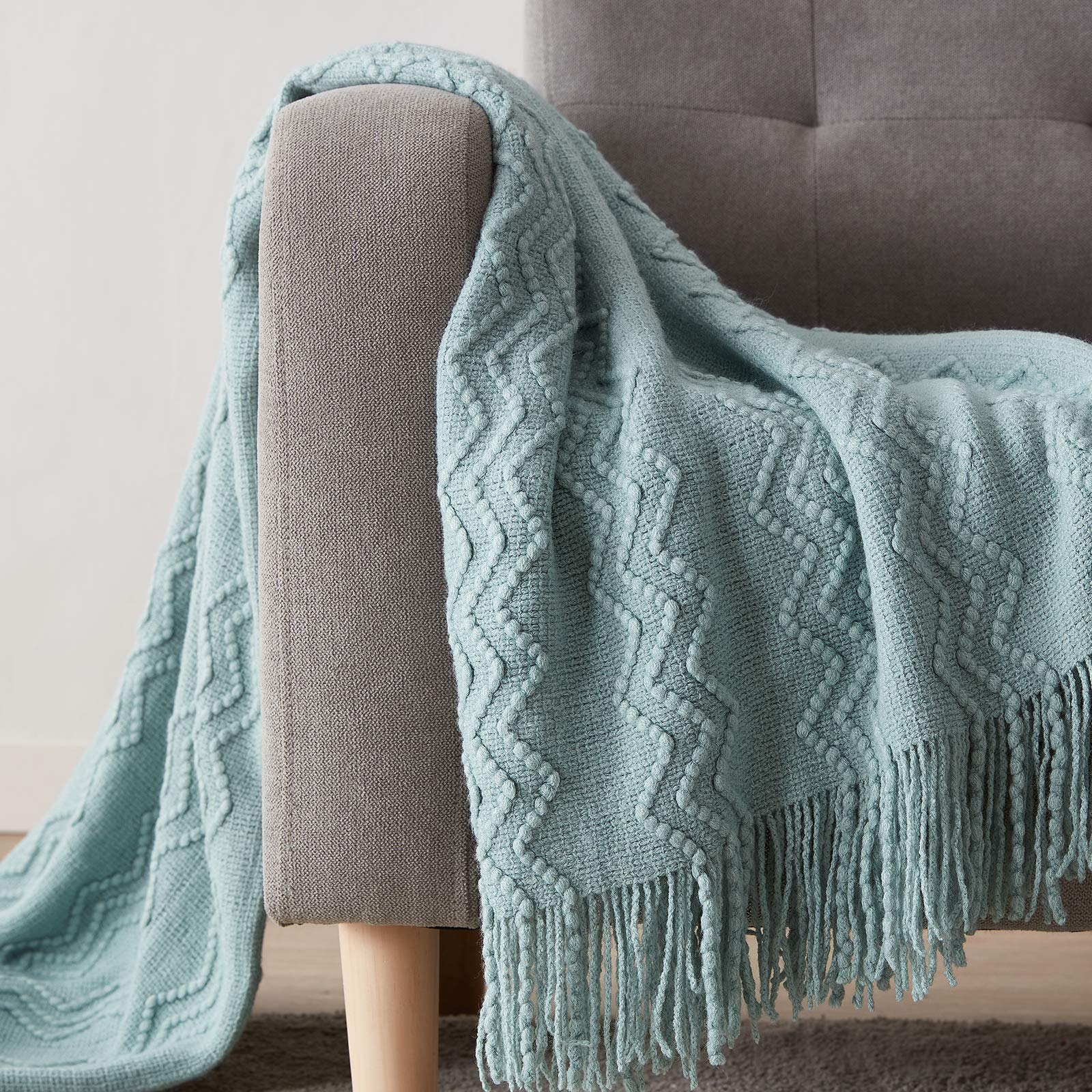 BOURINA Aqua Throw Blanket 50 by 60 inches on bed adds warmth and texture
