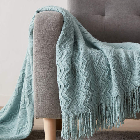 BOURINA Aqua Throw Blanket 50 by 60 inches on bed adds warmth and texture