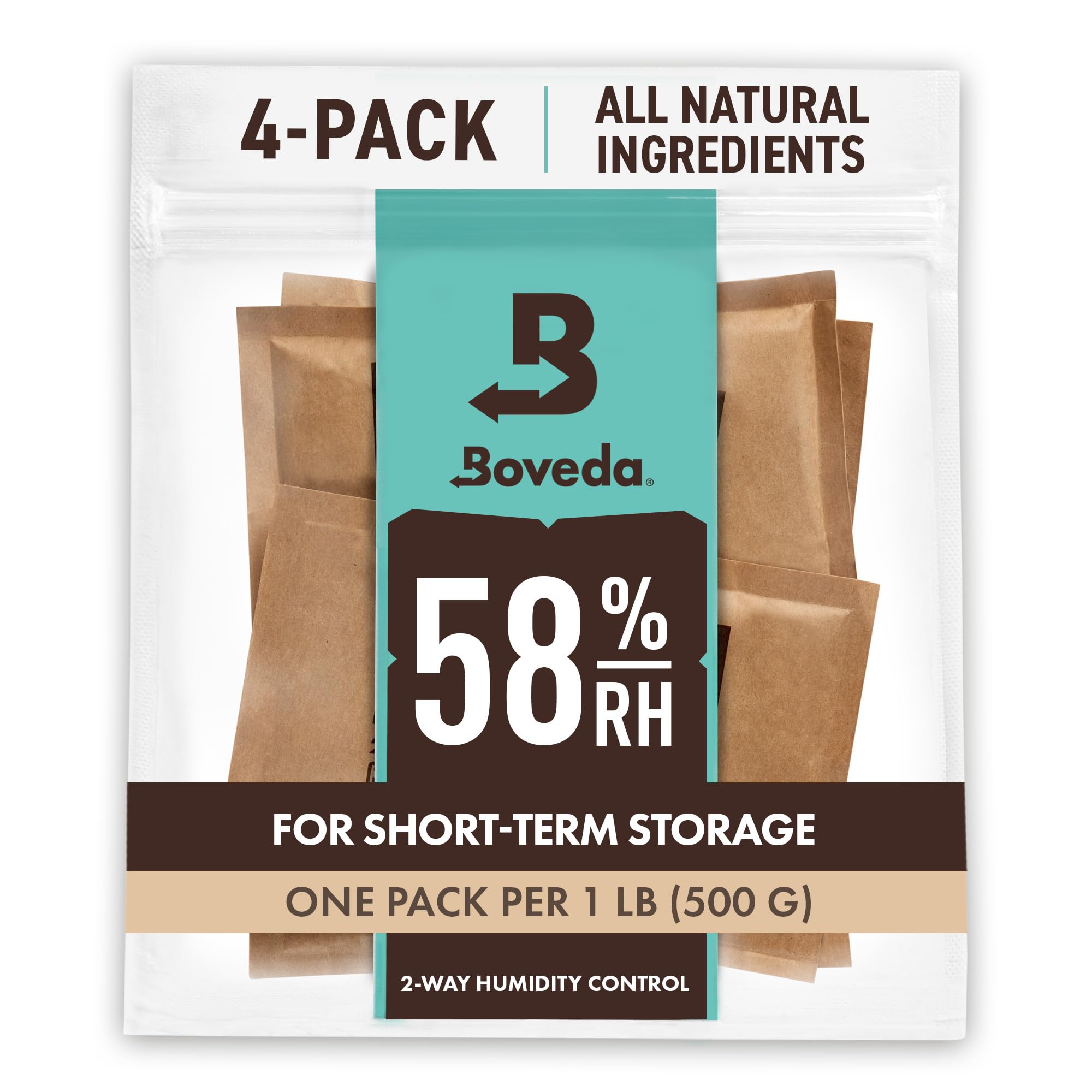 Boveda 58% two-way humidity pack inside a storage container for freshness
