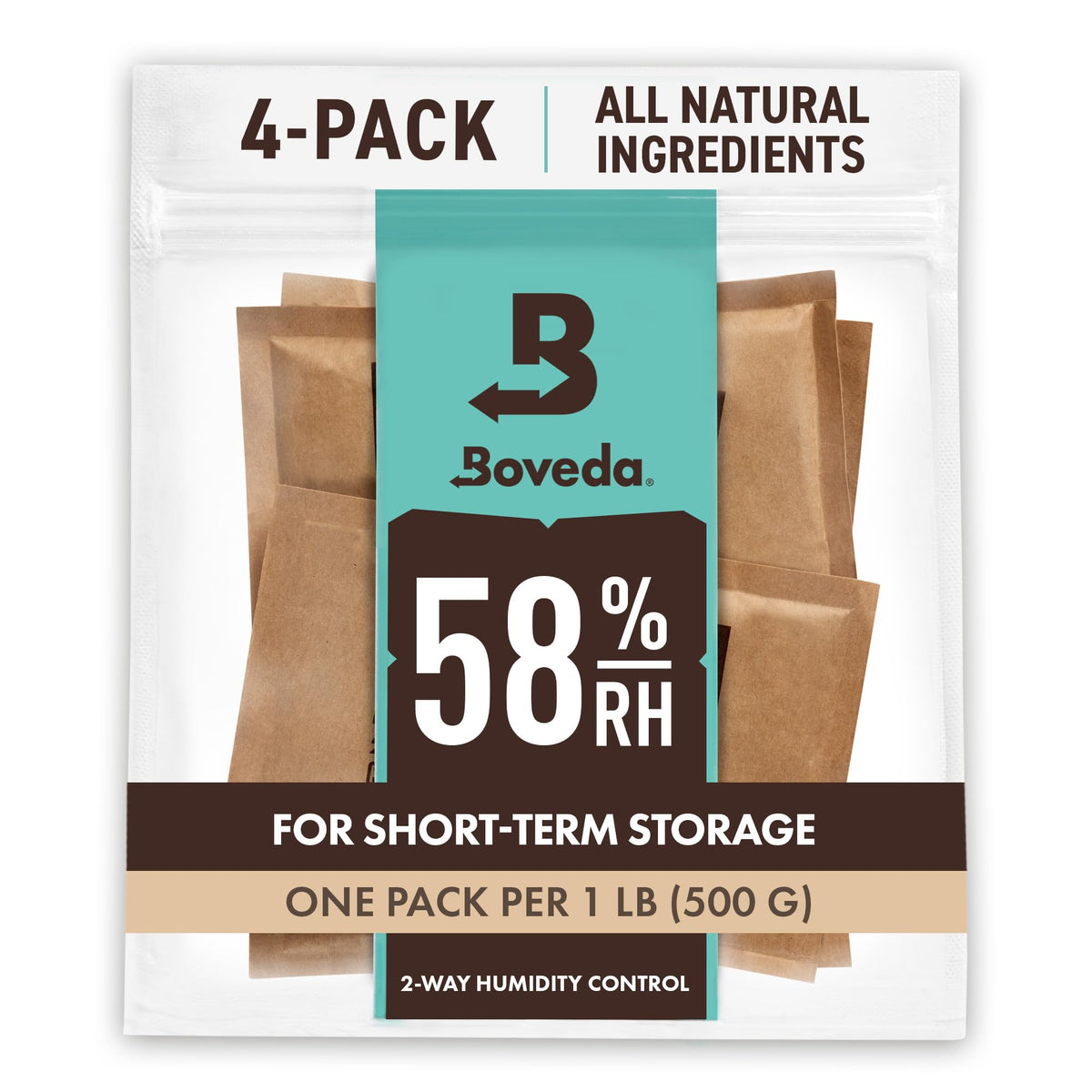 Boveda 58% two-way humidity pack inside a storage container for freshness