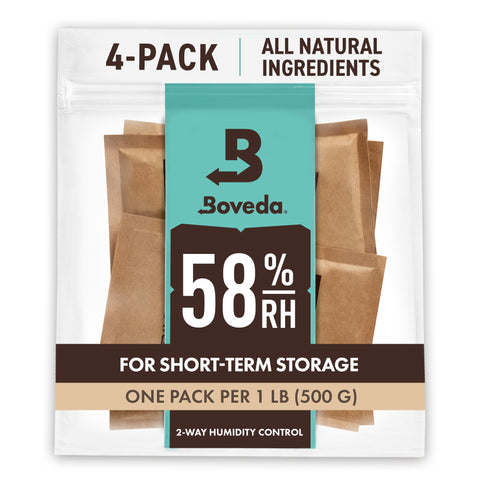 Boveda 58% two-way humidity pack inside a storage container for freshness