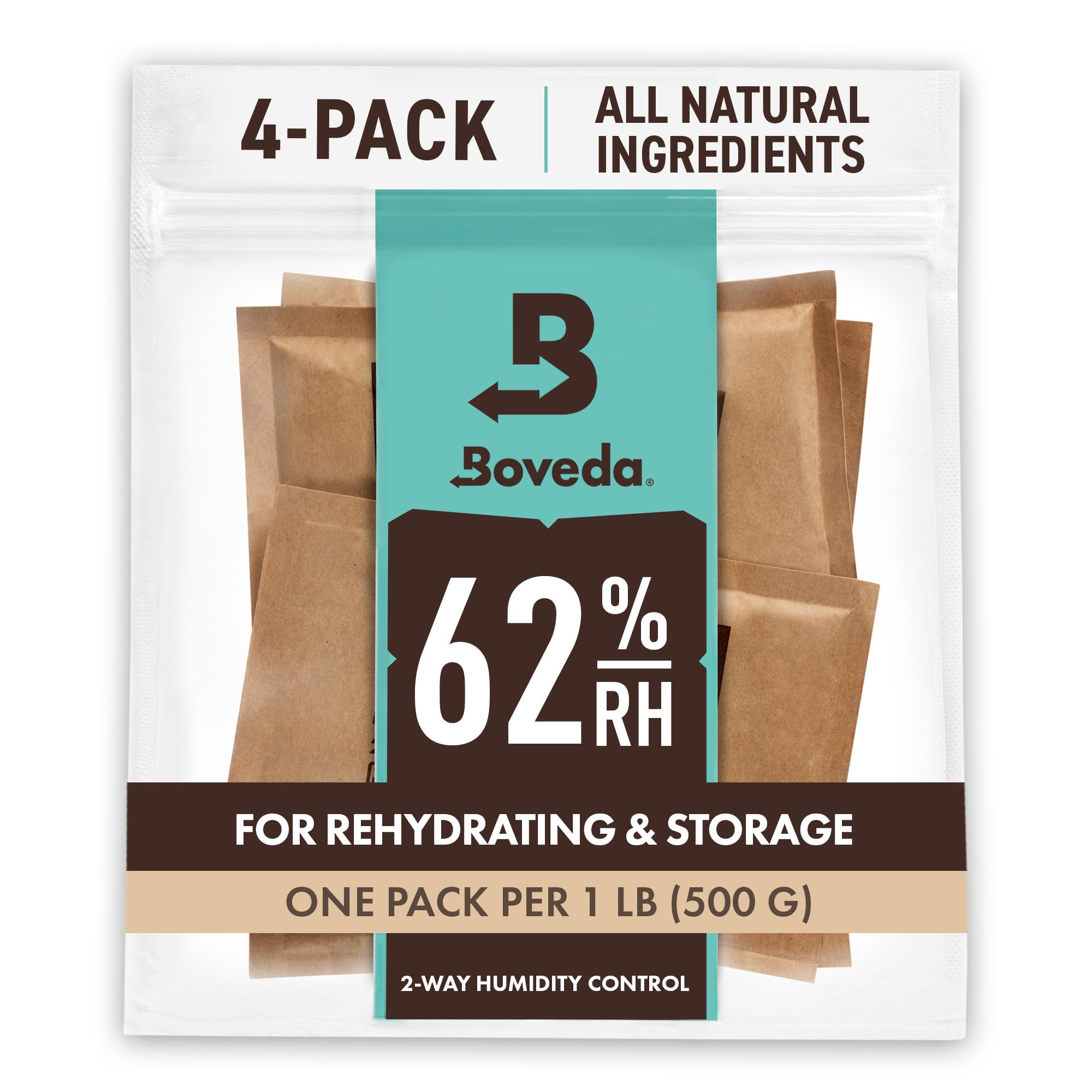 Boveda 62% pack inside a storage container preserves freshness for 1 lb items.