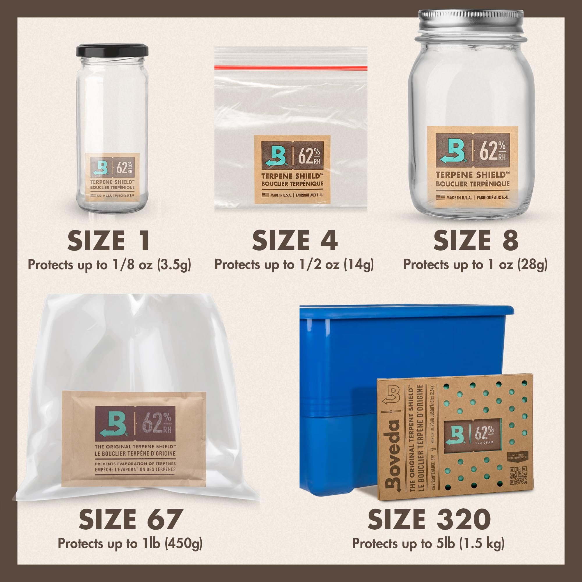 Boveda 62% pack in a bag preserves aroma and texture during transport.