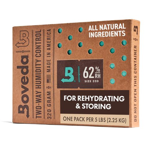 Boveda 62% two-way humidity pack in a 5 lb storage setup maintaining steady humidity