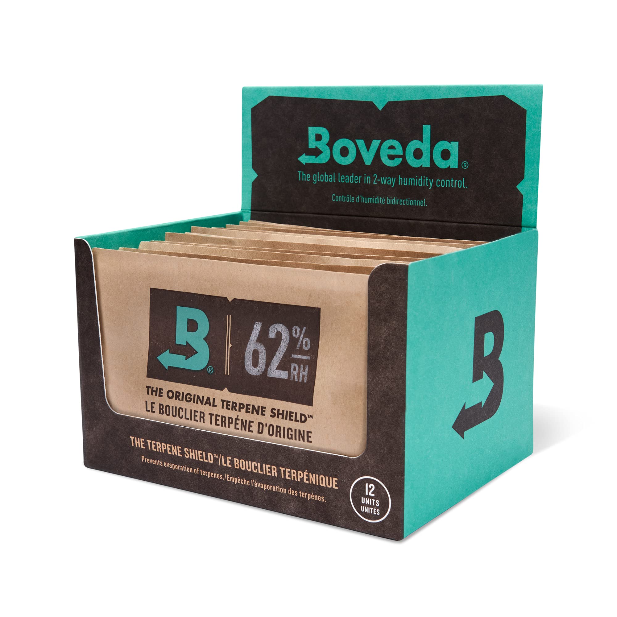 Boveda 62% pack placed inside a sealed container to maintain freshness.