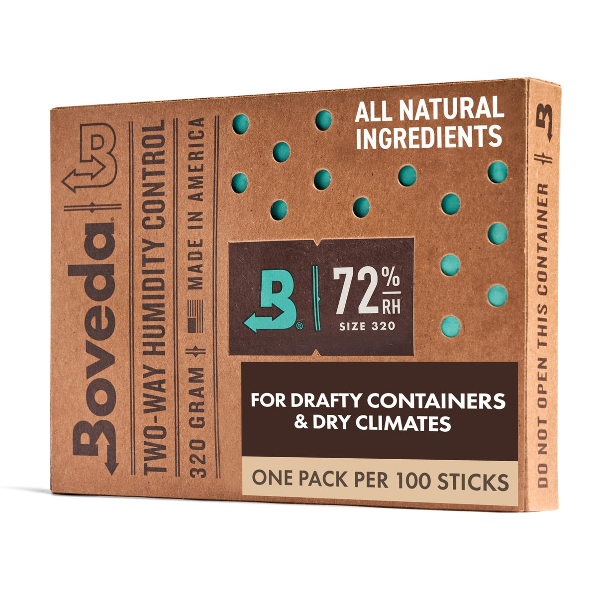 Boveda 72% two-way pack inside a wood humidifier box preserves contents.