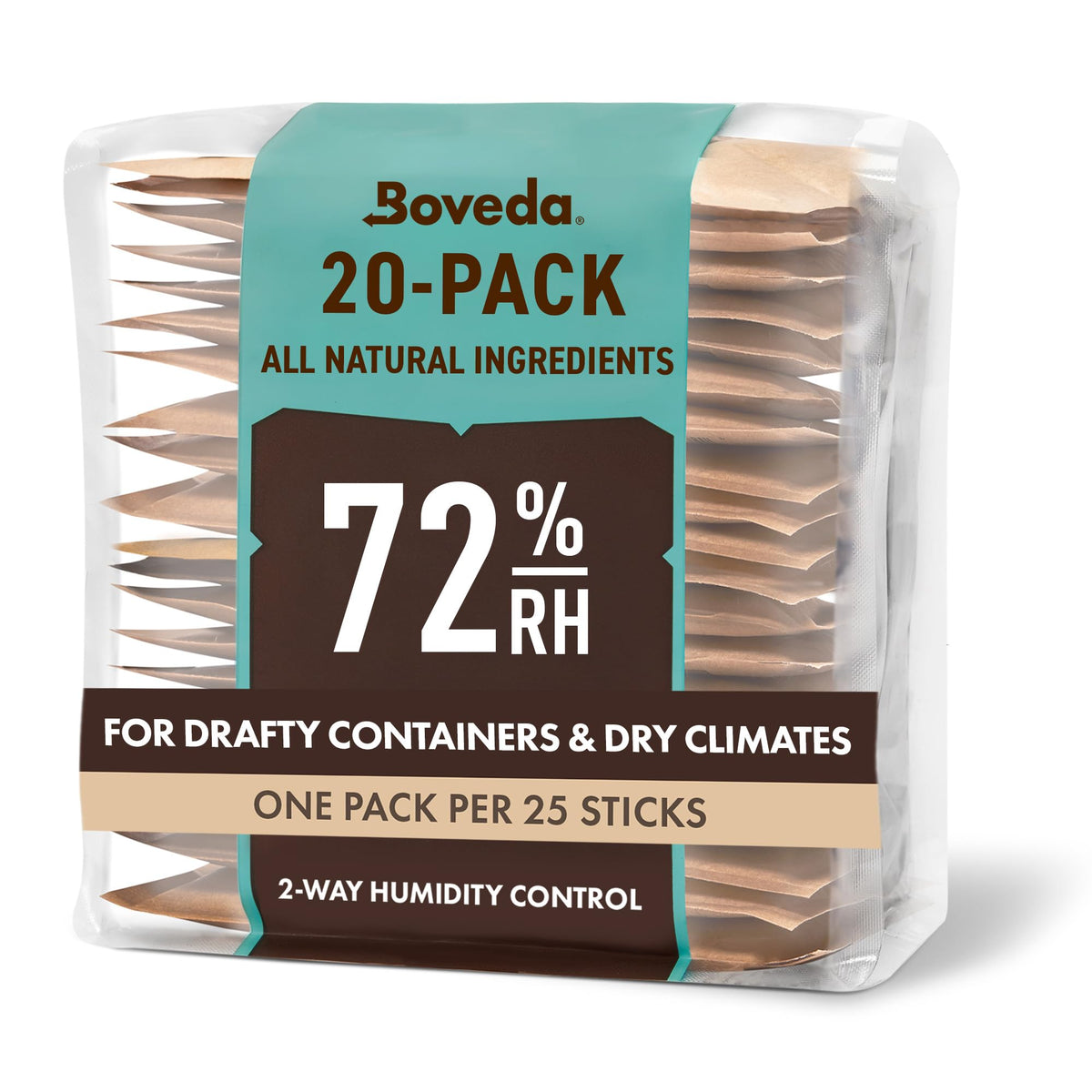 Boveda 72% two-way pack in a wood box maintains ideal humidity.