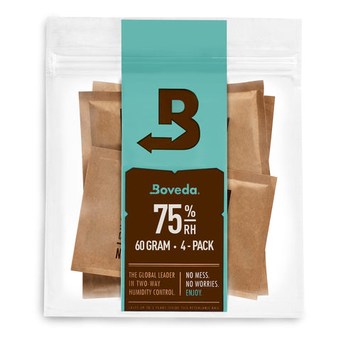 Boveda 75% humidity pack in a humidifier box maintains stable humidity for freshness.
