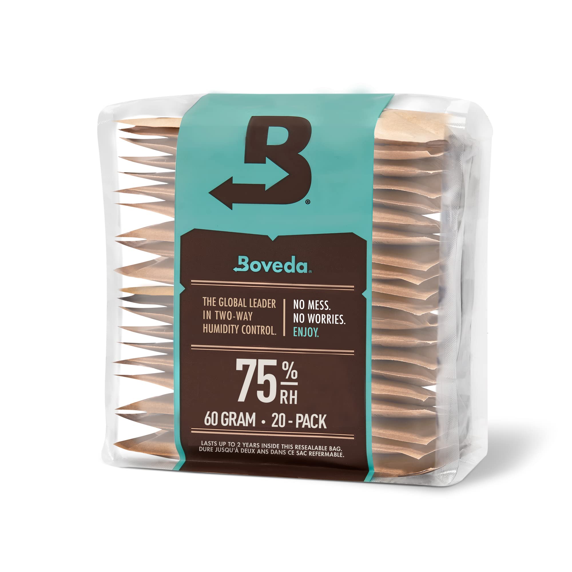 Boveda 75% RH two-way pack inside a box balances humidity for contents.