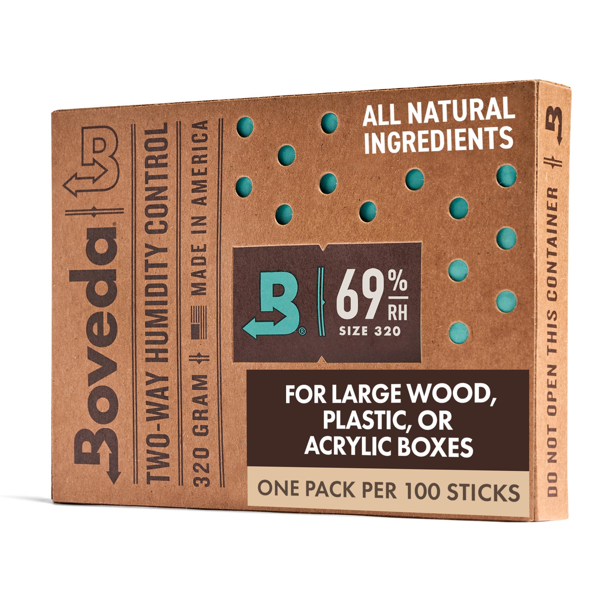 Boveda Size 320 pack inside a large wooden humidor preserves freshness.