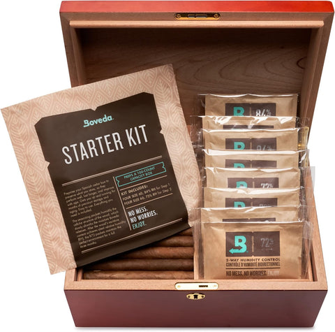 Boveda wood box seasoning setup showing two-week timing.