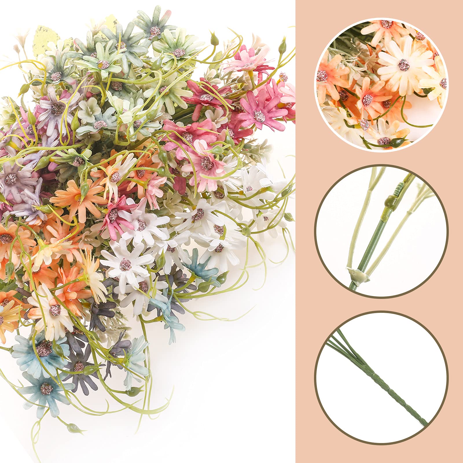 Bovvered silk daisies close-up head with 1.58 inch diameter for wedding bouquets