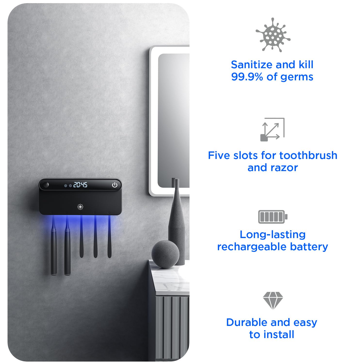 Five-slot Bloom holder fits multiple toothbrush types for the whole family