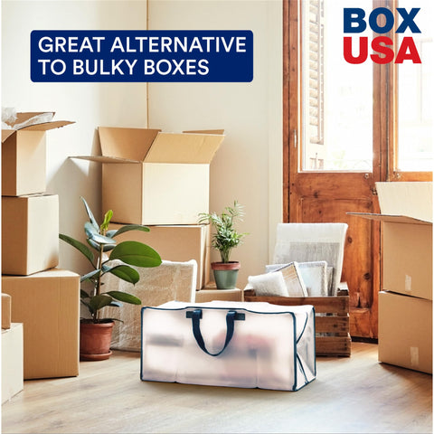 BOX USA blue bags in use for moving clothes and dorm essentials with easy transport.
