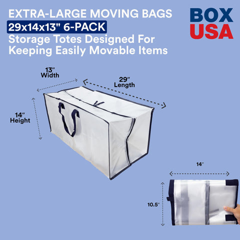 BOX USA extra-large bags with 29x14x13 dimensions for spacious packing.