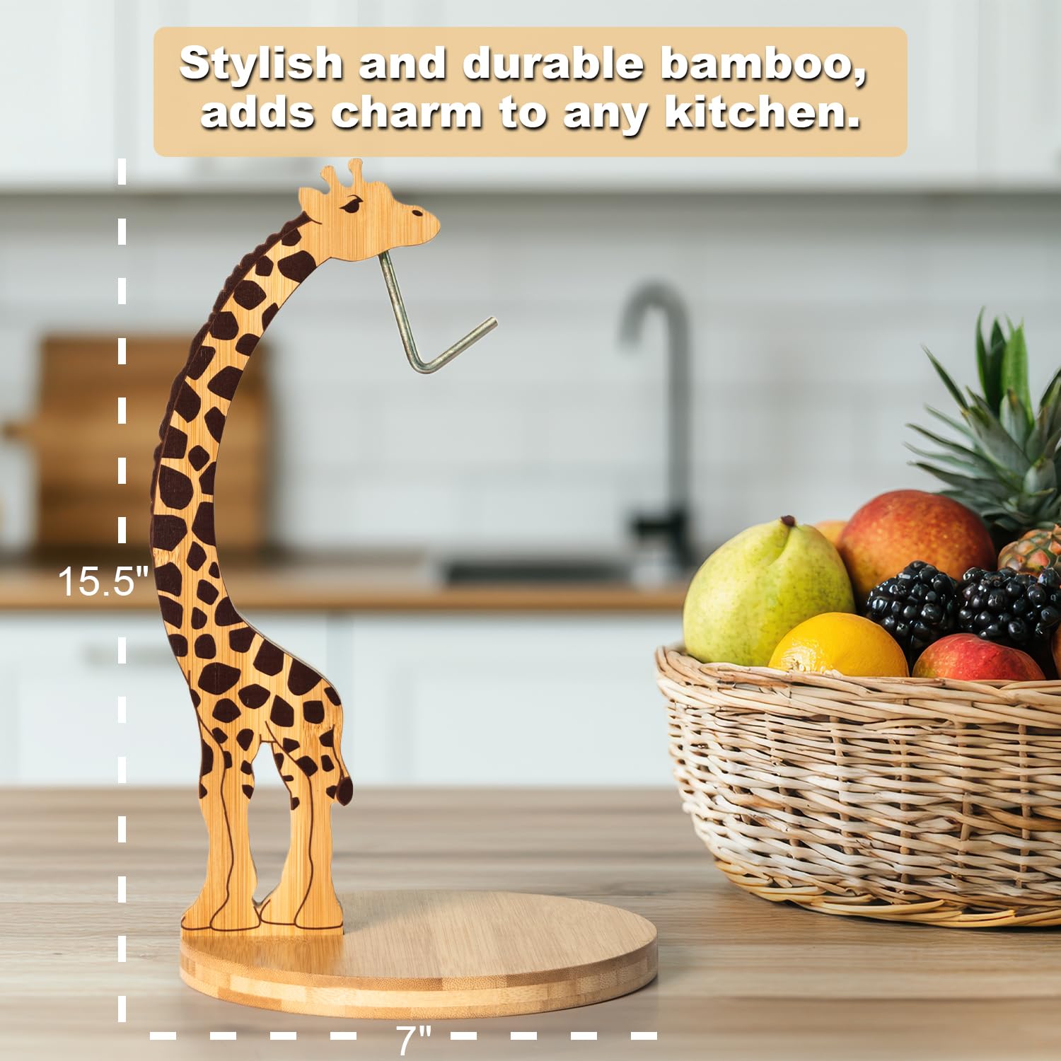Boxchess stainless steel hook suspends bananas to prevent bruising.