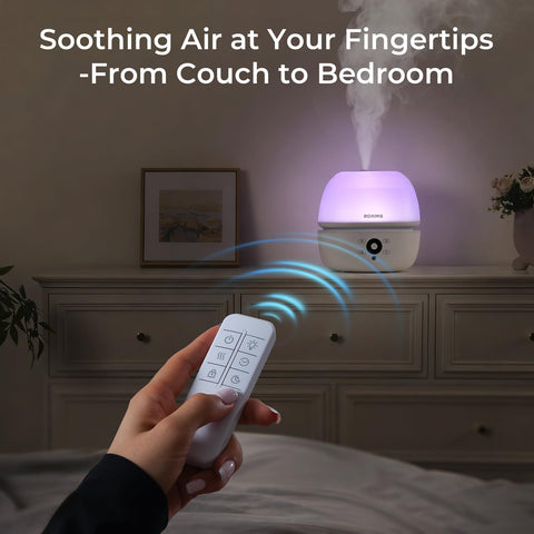 BOXING humidifier with 3L tank delivering long-lasting moisture in bedrooms.