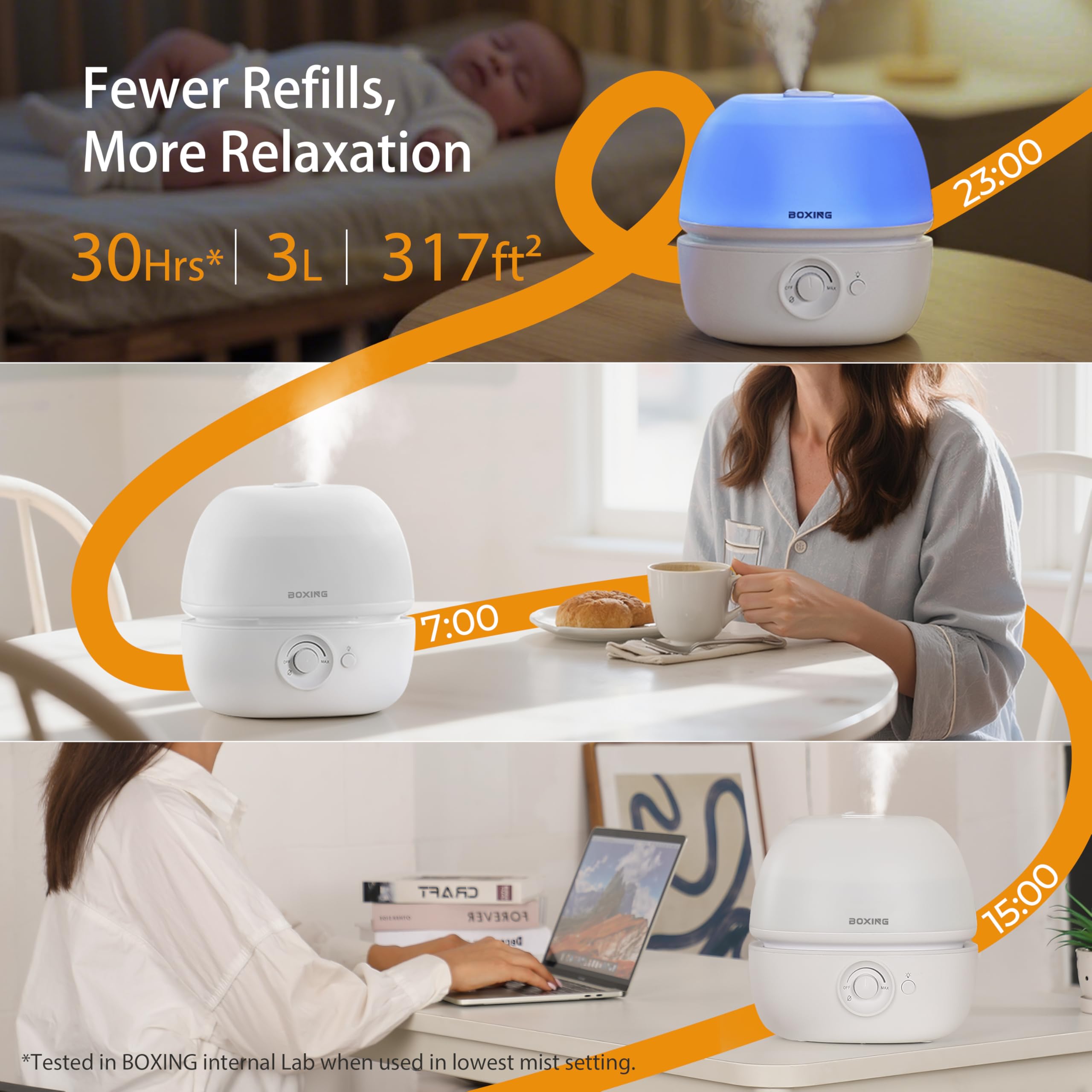 Boxing cool mist humidifier delivers up to 30 hours of runtime for all-day comfort.