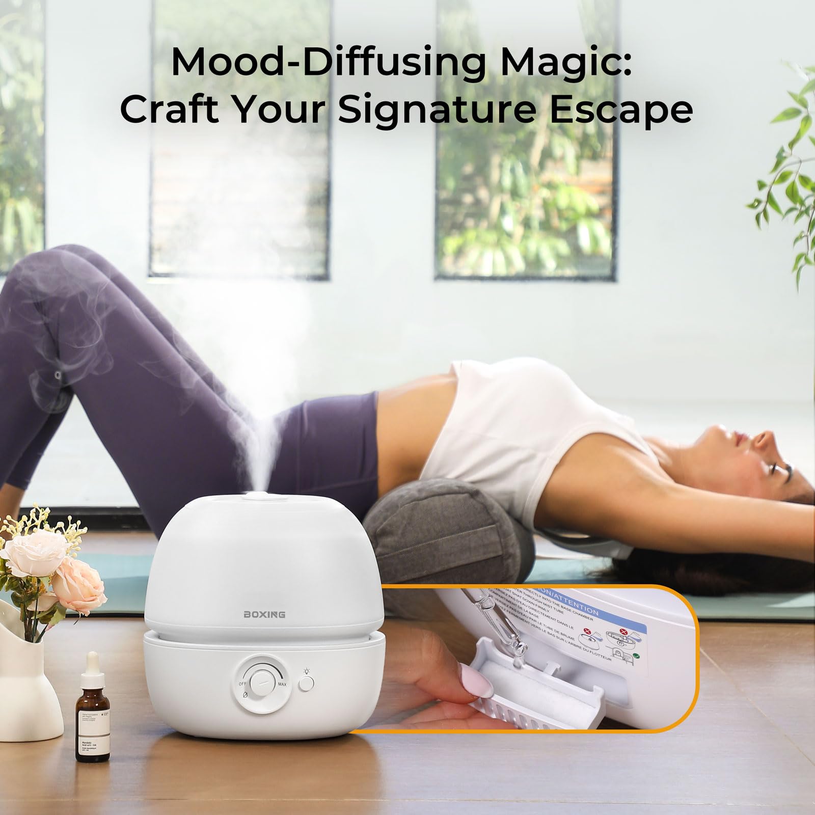Boxing intuitive knob control for easy mist adjustment in the dark.