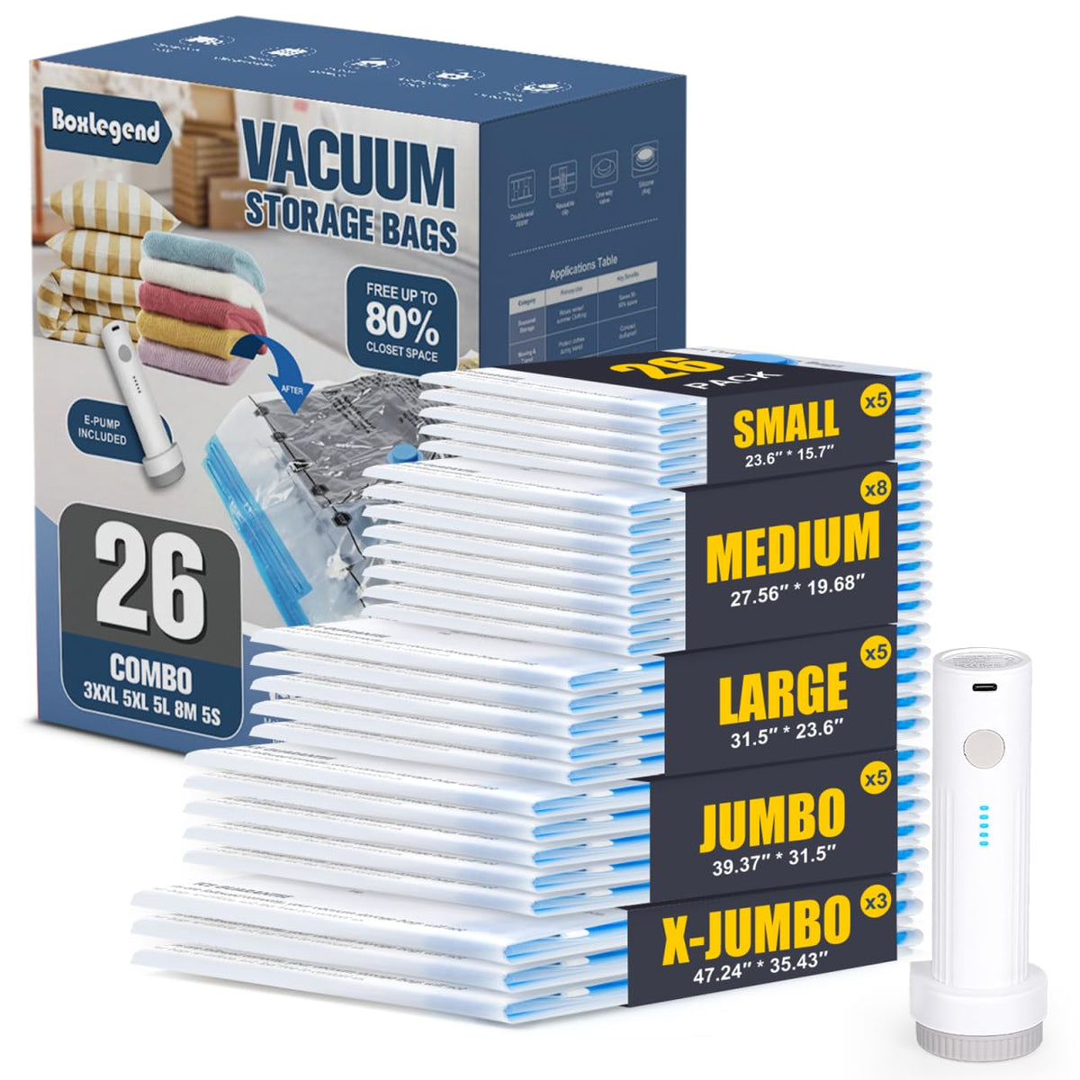 BoxLegend vacuum bags 26 combo with pump showing organized clothes and space-saving solution