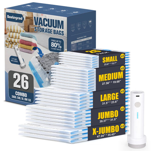 BoxLegend vacuum bags 26 combo with pump showing organized clothes and space-saving solution