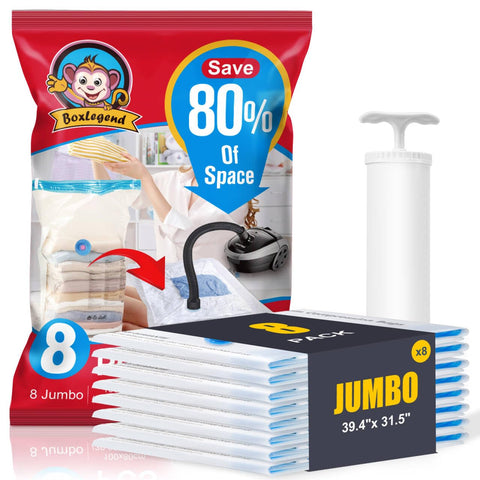 BoxLegend 8 jumbo vacuum bags laid out for seasonal clothing storage.
