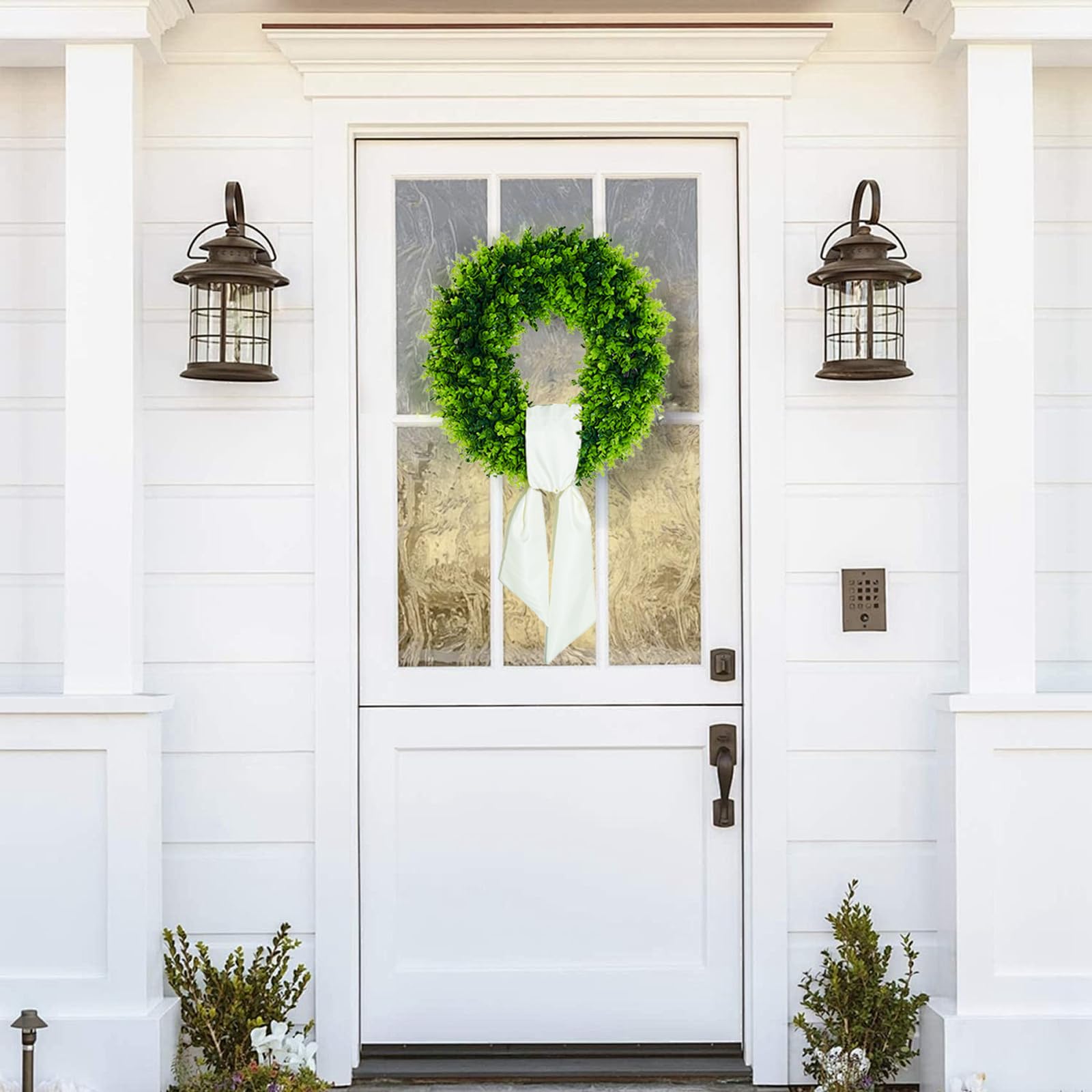 Versatile styling ideas demonstrated with the 24-inch boxwood wreath for different looks.