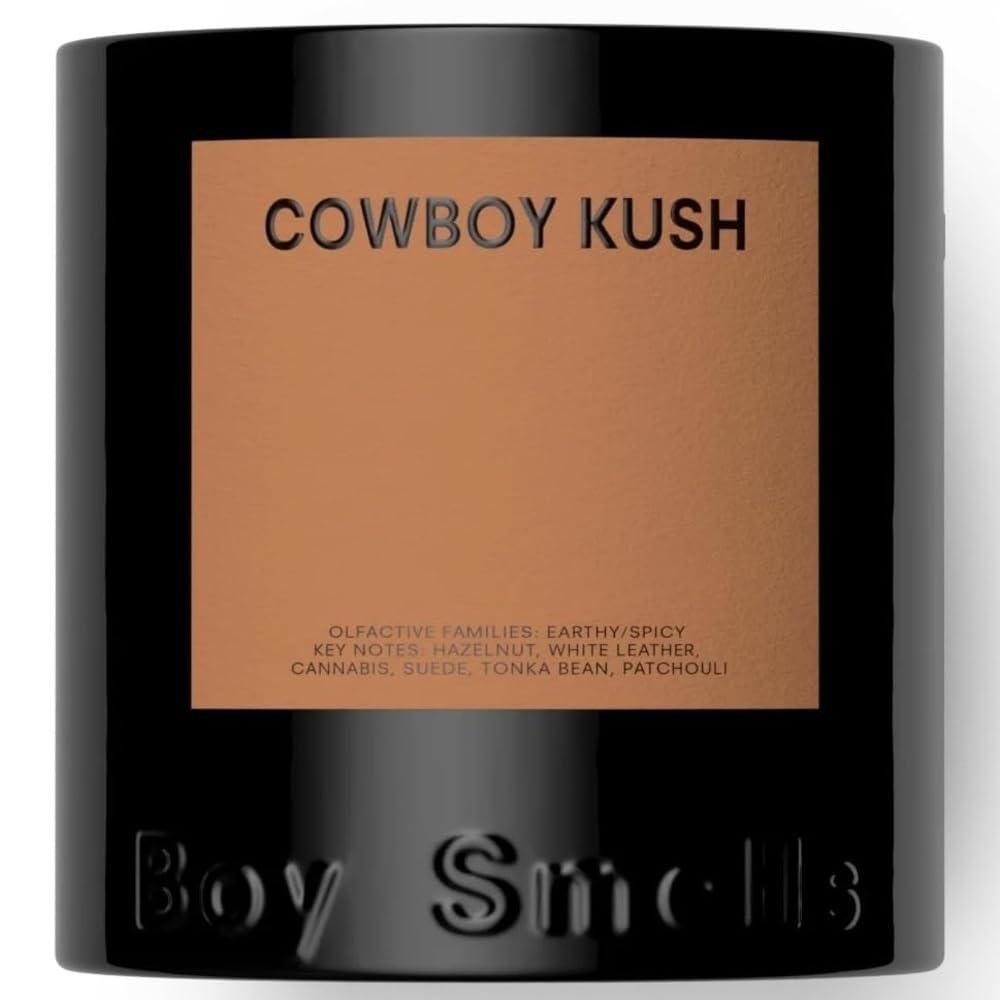 Boy Smells Cowboy Kush candle in embossed tumbler delivers a refined aesthetic and aroma.