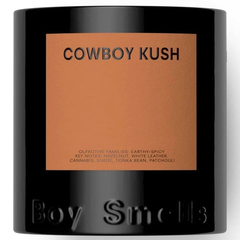 Boy Smells Cowboy Kush candle in embossed tumbler delivers a refined aesthetic and aroma.