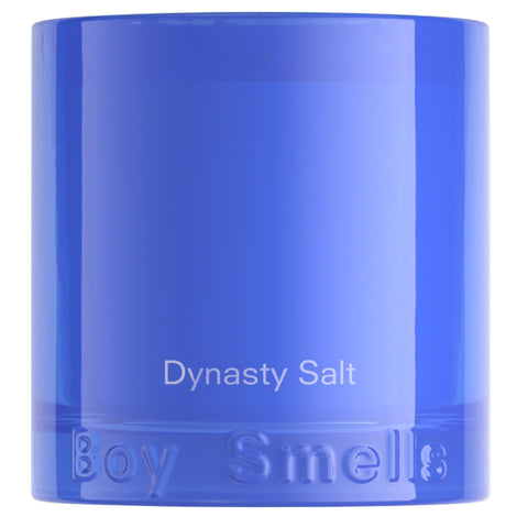 Boy Smells Dynasty Salt in blue glass tumbler offers refined, airy cotton scent.