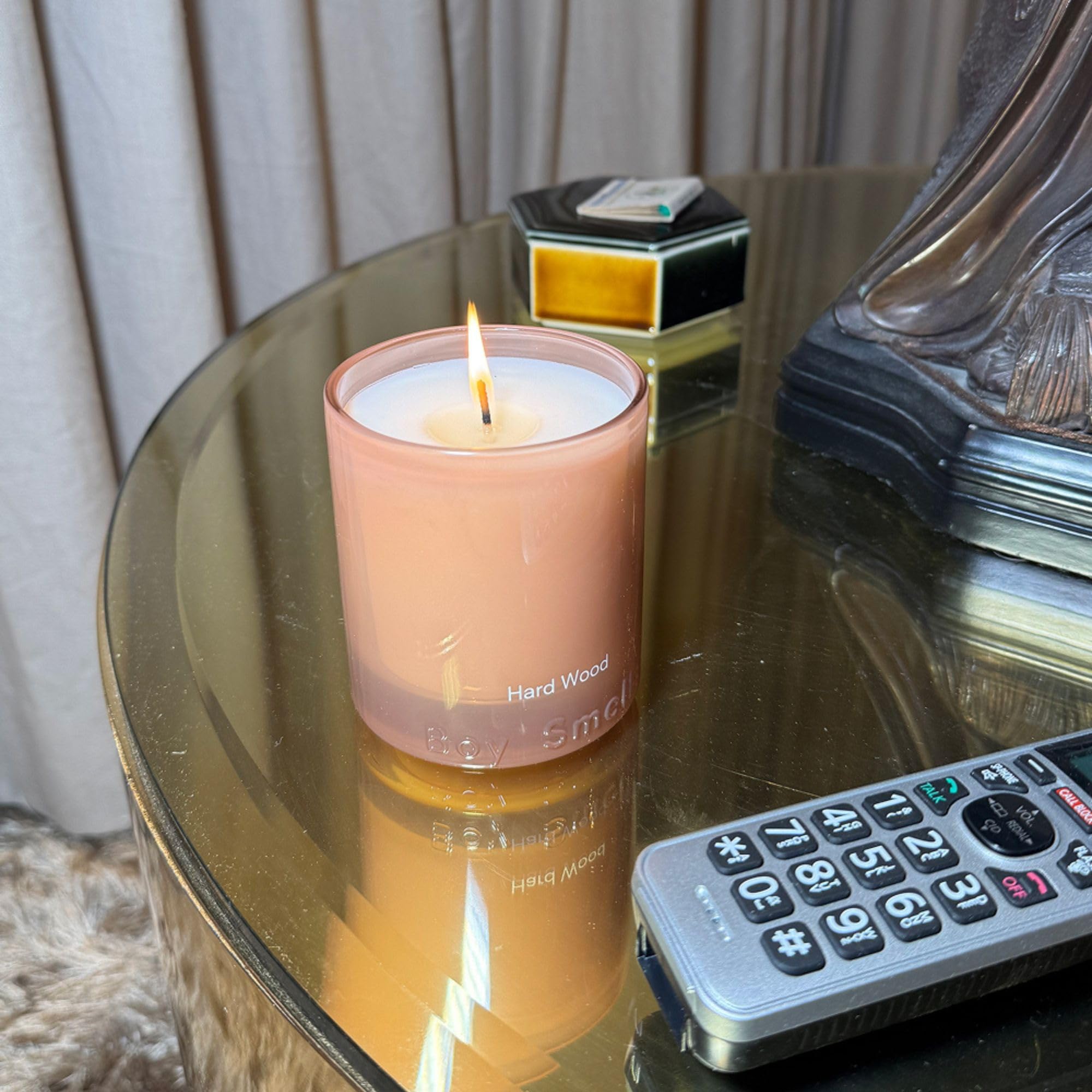 Boy Smells Hard Wood Leather Candle packaging complements modern décor