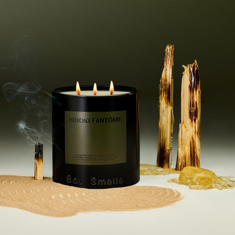 Boy Smells Hinoki Fantôme candle gradient jar on shelf ready for gifting.