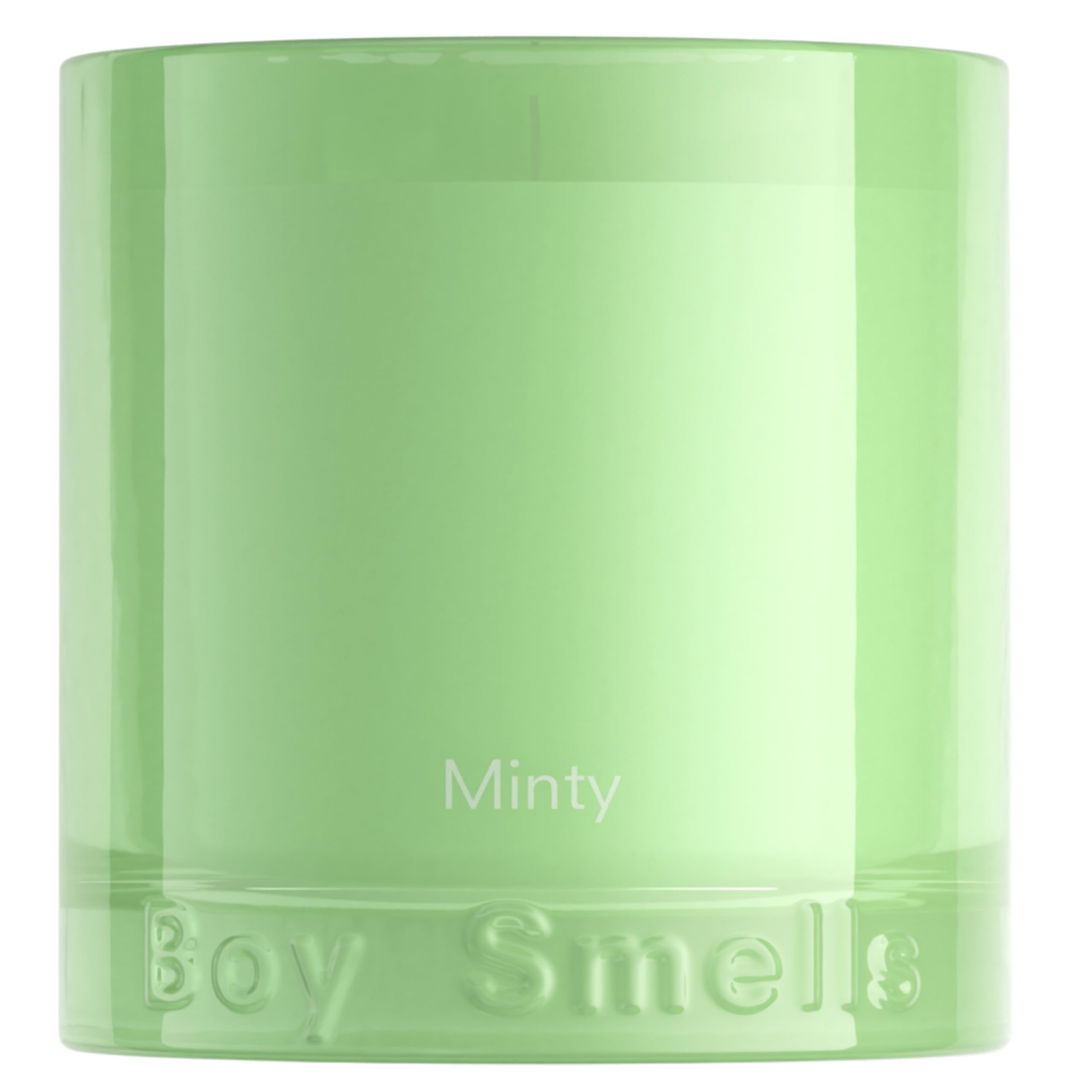 Boy Smells Mint Candle in teal tumbler with wild mint and ginger aroma, refreshing and balanced