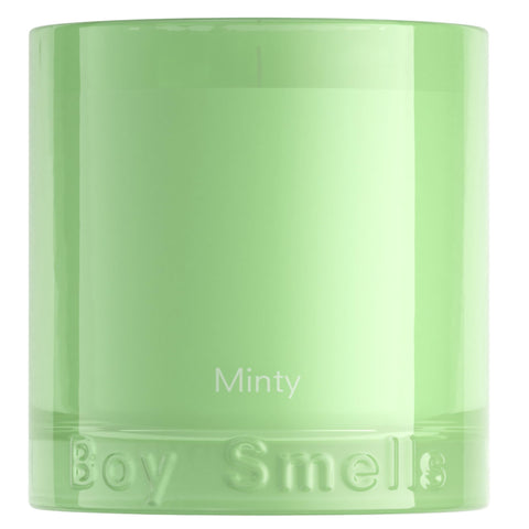 Boy Smells Mint Candle in teal tumbler with wild mint and ginger aroma, refreshing and balanced