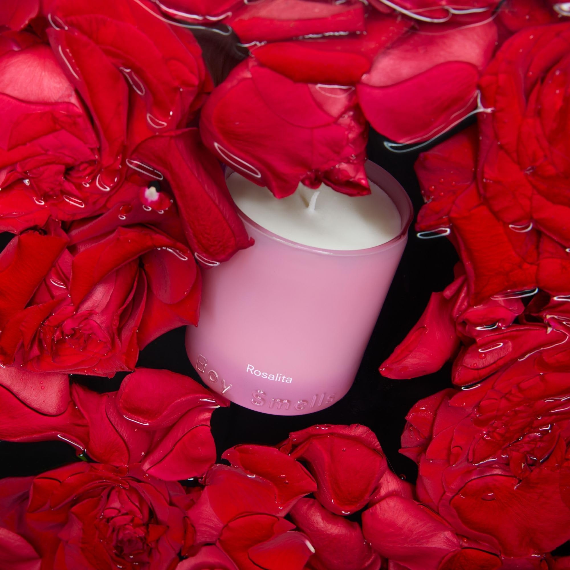 Boy Smells Rosalita Rose candle with braided wick for minimal soot.