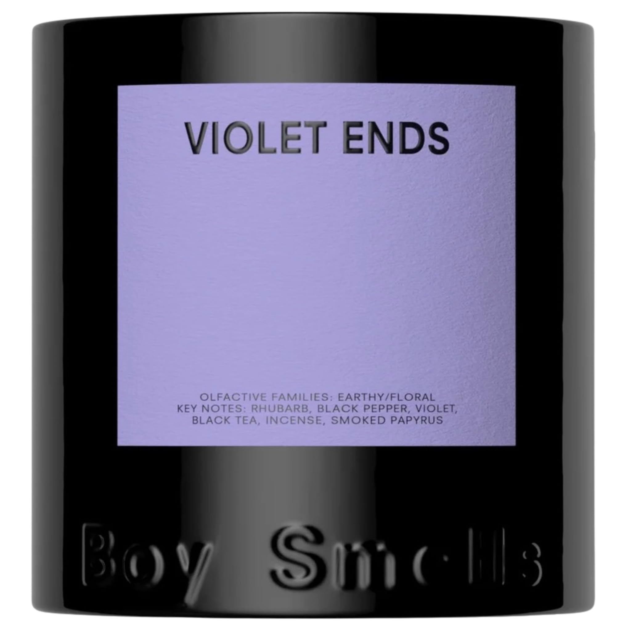 Boy Smells Violet Ends candle in a glossy black glass tumbler for refined home ambiance
