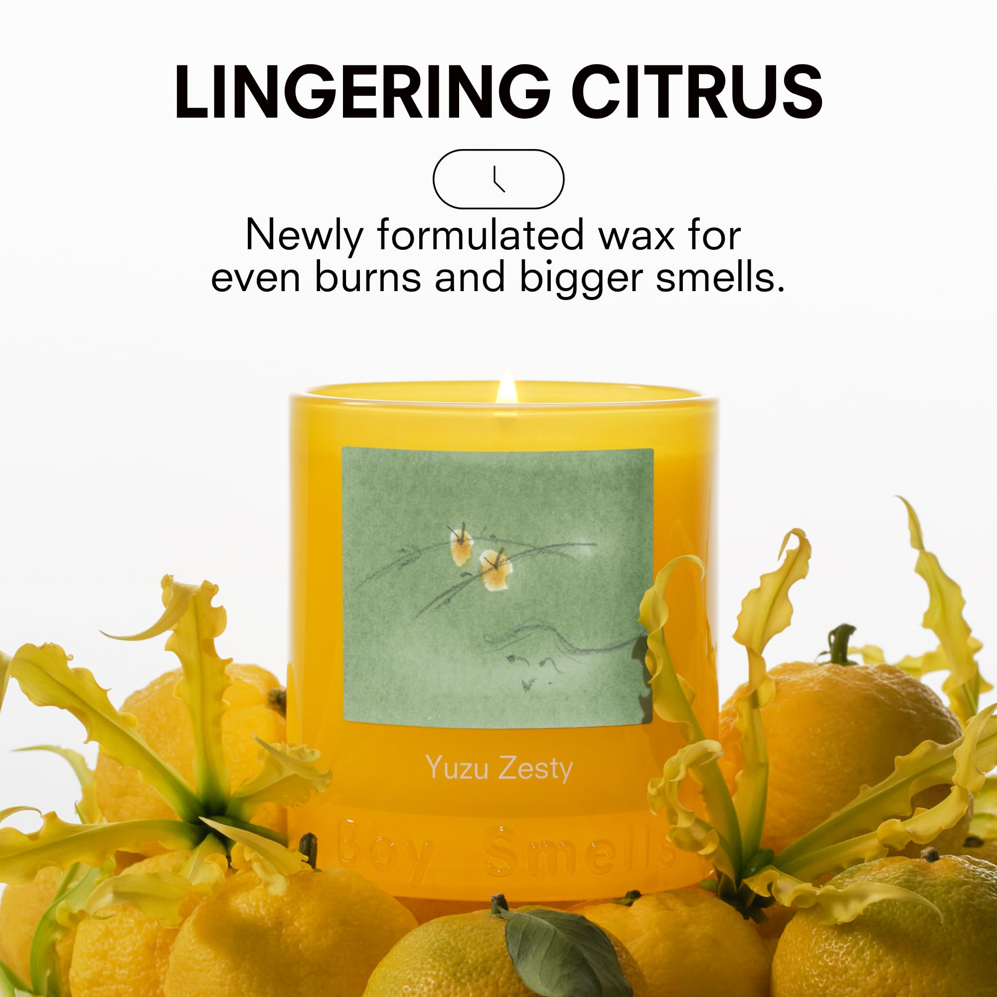 Boy Smells Yuzu Zesty candle cutaway highlights amber musk notes.