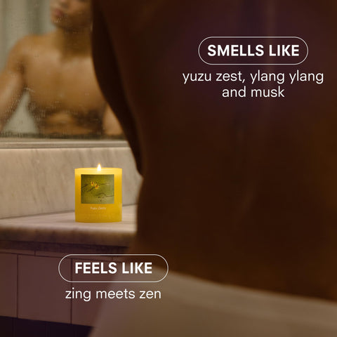 Boy Smells Yuzu Zesty candle jar close-up reveals smooth wax and fragrance release.