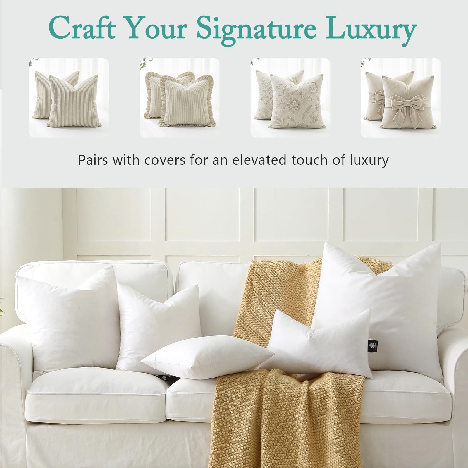 BPC Luxury feather-down 20x20 pillow insert, side view, supports neck comfort during lounging.